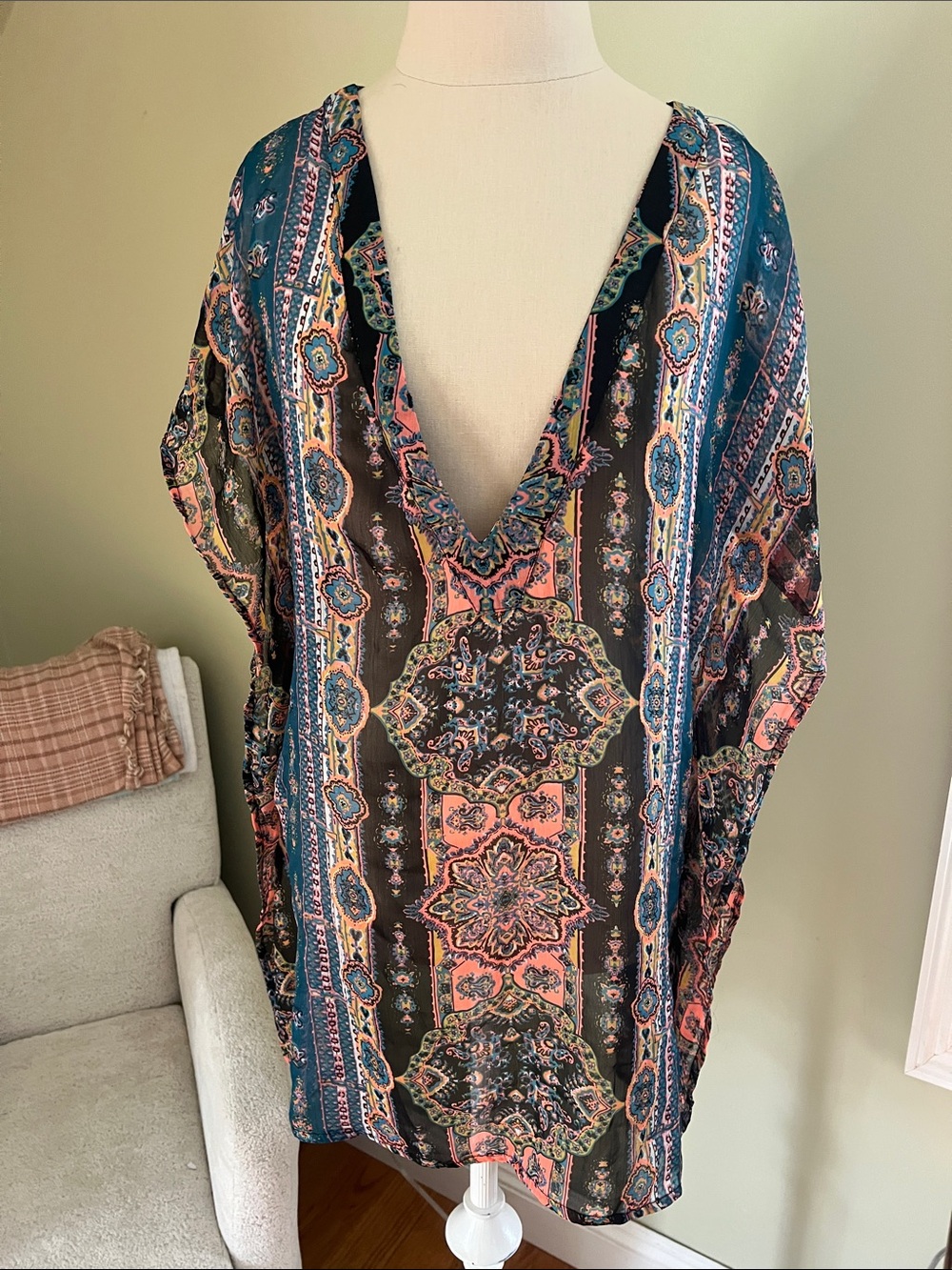 O'Neill Boho V-Neck Paisley Sheer Coverup in Teal and Coral XS